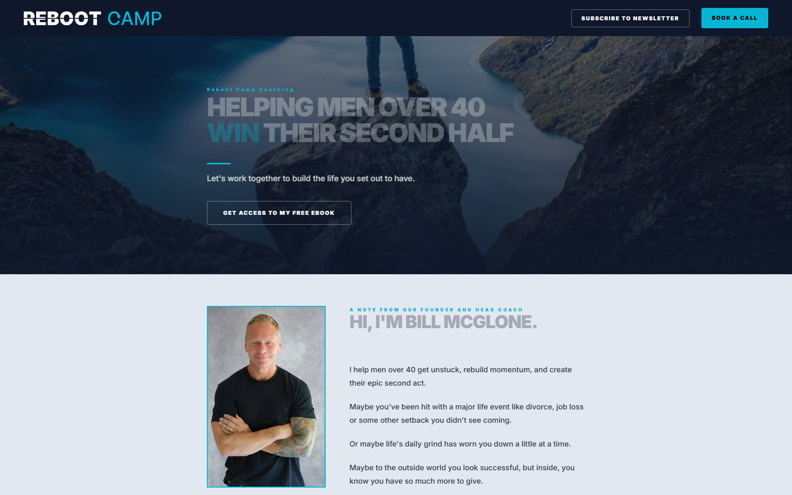Reboot Camp Coaching landing page with founder story